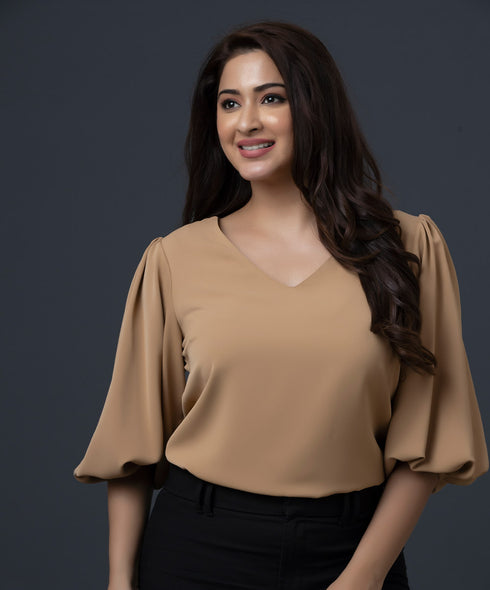 Vneck Balloon Sleeve Beige Top